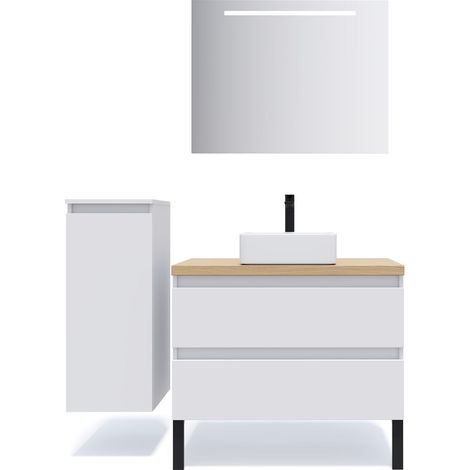 Meuble de salle de bain suspendu vasque à poser 90cm 2 tiroirs Blanc + miroir + colonne ouverture gauche - Hudson (1/5)