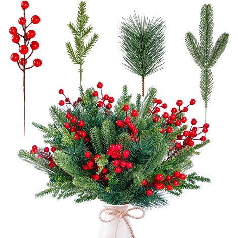 Branches De Pin Artificielles - Avec Baies Rouges - Pour Couronnes Et Décorations De Noël - 60 Pièces (1/5)