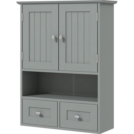 Wandhängender Badezimmerschrank, 50x18x66 cm, grau, mit Türen, Ablage und 2 Schubladen