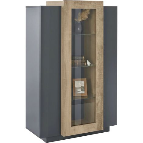 Dmora - Vitrina Dfrutt, Aparador con tres puertas, Mueble salón polivalente, 100% Made in Italy, cm 80x38h121, Antracita y Arce