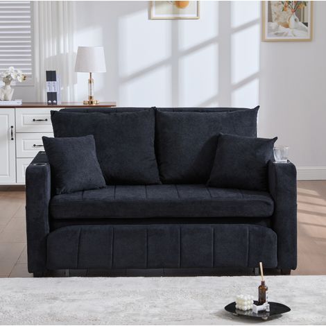 Sofa aus schwarzer Chenille 139 x 83 x 58 cm, ausziehbares Schlafsofa mit Seitentaschen (1/5)