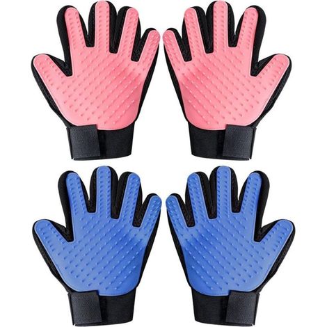 Gants de toilettage doubles pour chats, gants de brossage pour animaux de compagnie, ambidextres, adaptés aux chats à poils courts et à poils longs, bleu clair/rouge, lot de 4. (1/5)