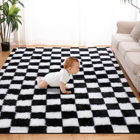 Tapis Salon Shaggy 160 x 230 cm Moelleux Descente de lit Poils Longs Tapis Doux pour Salon Chambre Canapé Chambre Blanc Noir