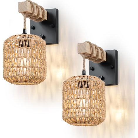 2-teilige Wandleuchte aus Rattan, dimmbare Nachttischlampe, Wandleuchte für den Flur, Leuchtmittel nicht enthalten, E27-Fassung