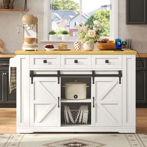 Ilot de cuisine sur roulettes avec plan de travail rabattable - Desserte buffet extensible multiprise mdf moderne de salle à manger 130 x 50-80 x 87 cm - Blanc et bois naturel (1/5)