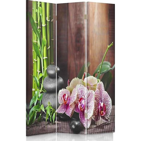 Paravent Décoratif Zen et Nature 3 Volets Motif Cailloux - 110 x 180 cm - 1 face déco, 1 face noir