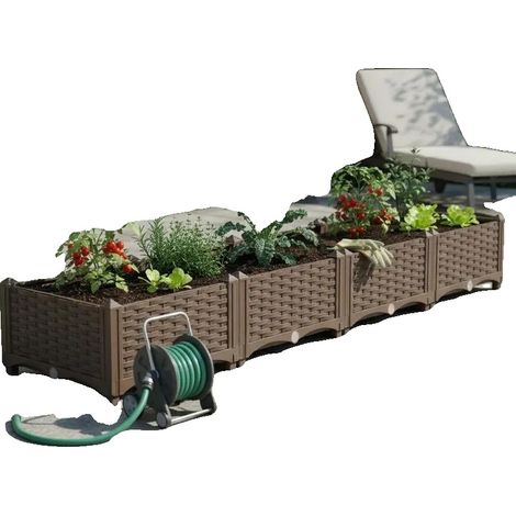Jardinier surélevé, Polypropylène durable, Aspect élégant en rotin, 160 x 40 x 23 cm (1/2)