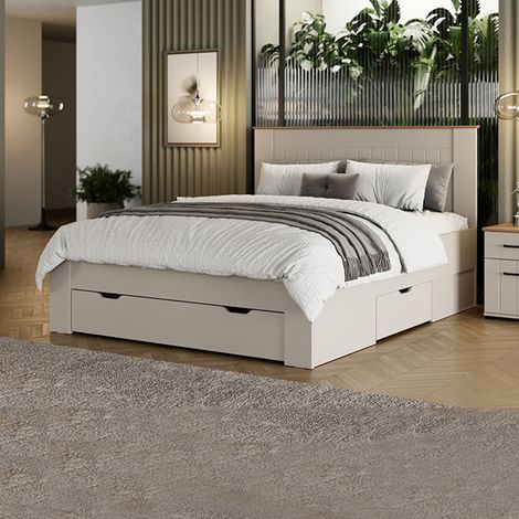 Dmora Doppelbett Luangp, Matratze 160x200 cm, Kopfteil Rillen-Design, Tragkraft 200 kg, Cremeweiß (1/5)