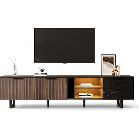 Meuble TV moderne noir + bois brillant,de 200 cm,éclairage LED RVB,portes et tiroirs,en mdf,pour televiseur,200 x 38 x 50 cm (1/5)
