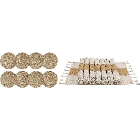 Lot de 8 paille Meal tapis rond et rectangulaire tapis bohème Style Decoration pour Rural Farmhouse cuisine résistant (1/5)