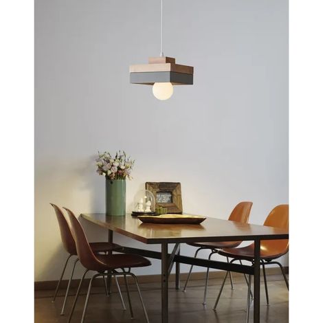 Lustre Moderne en Carré Bois 18cm,Lampe Suspension Vintage Industriel E27 Lampe de Plafond Style Nordique pour Salon Cafes (1/5)