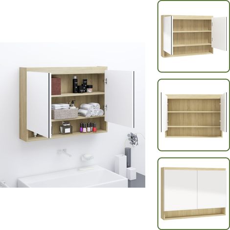 Armoire à miroir de salle de bain 80x15x60cm MDF Blanc et chêne - Meuble De Salle De Bain - Armoire À Miroir - Meuble Rangement - Armoire Toilette - Mobilier Salle De Bain (1/5)