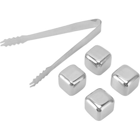 Set mit 4 wiederverwendbaren, polierten Edelstahl-Eiswürfelbehältern inklusive Eiszange. Ideal für Küche, Restaurant und Büro. (1/5)