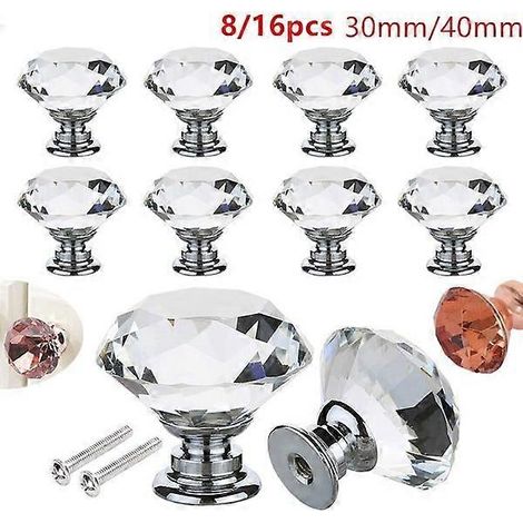 8/16 pièces, 30/40 mm, en verre cristal, forme diamant, bouton de porte/tiroir en PU