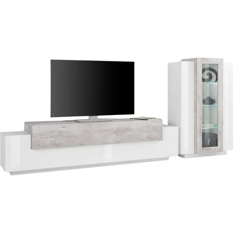Mobile Televisore da Salotto 200 cm con Vetrina Bianco Lucido Cemento (1/4)
