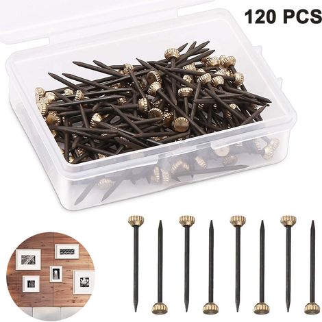 Clous Pour Tableaux - Clous À Tête En Laiton - 25 mm - Diamètre De Tige 1,4 mm - Boîte De Rangement En Plastique - Lot De 120 Pièces