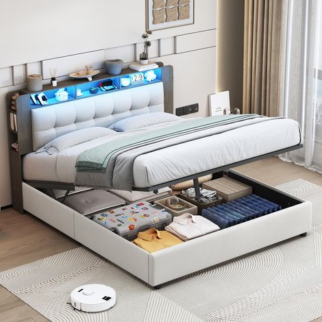 BSMGSGN-Lit Coffre Double Rembourré 160x200 cm, Velours Blanc cassé, Espace de Rangement Hydraulique, Tête de Lit avec Rangement, Éclairage LED et Chargement sans Fil, Sommier à Lattes, Sans Matelas (1/5)