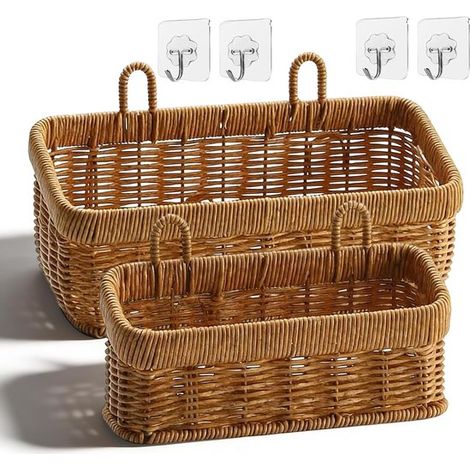 SnelShoppen - 2 paniers de rangement muraux, paniers tressés, imitation roseau tressé à la main, paniers de rangement pour cuisine, salon, salle de bain - 28 x 13 x 13 cm et 20 cm de couleur marron (1/5)