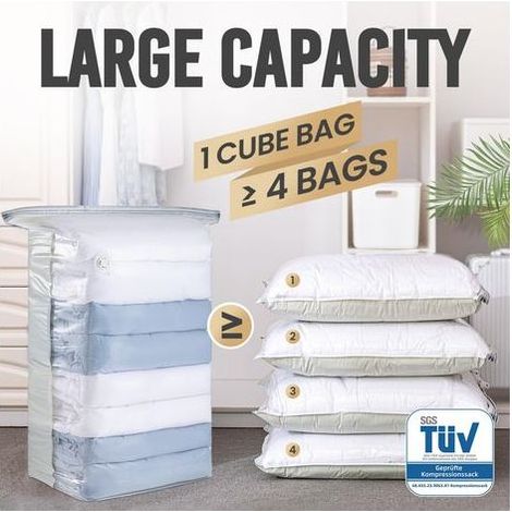 Sac sous Vide Vetement aspirateur Cube Lot de 4 (80×100×38 cm) Housse de Rangement sous Vide Gain de Place Sac de Rangement sous Vide pour Vêtements, Couettes, Oreillers (1/5)