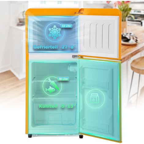 Réfrigérateur, Ohjijinn Réfrigérateur rétro. 86,8 cm de hauteur, 45,5 cm de largeur, deux portes, avec un volume total de 60 litres.163 kWh/an, -27°C ∽ 13°C, éclairage LED. Classe énergétique jaune p (1/4)