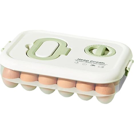 1 - Boite Oeuf - Rangement Oeuf - 24 Compartiments avec Minuterie - Conservation Fraîcheur et Protection Anti-choc - Pour Réfrigérateur Cuisine Placard - Vert et Blanc - 30,5x23x8,2cm