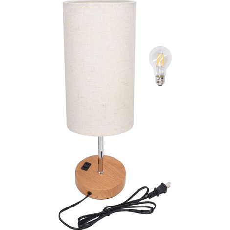 Lampe de chevet tactile en métal et tissu, base imitation bois, 3 niveaux de luminosité LED, chargeur USB intégré, pour chambre et bureau, prise US 110V, couleur beige. (1/5)