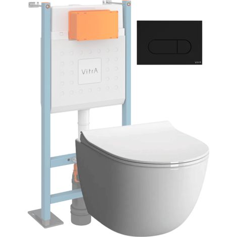 Pack WC suspendu VITRA Sento blanc + bâti autoportant V-Fix Core + Plaque Round Noir mat