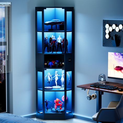 Glasvitrine 57x40x165 cm schwarz aus MDF und Glas mit LED-Beleuchtung, Sensortechnik und Stauraum (1/5)