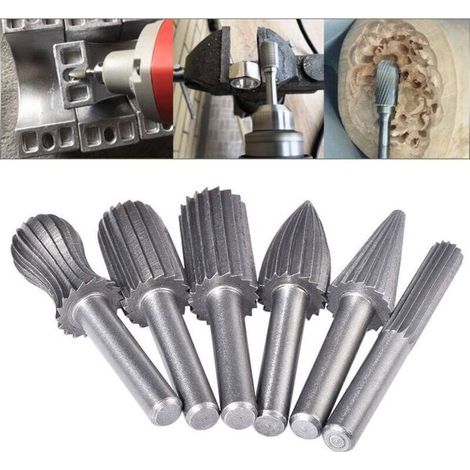 HOXILEELEOEnsemble de 6 fraises rotatives à double cannelure de 6 mm en carbure de tungstène, tiges en carbure de tungstène, embouts de limage (1/5)