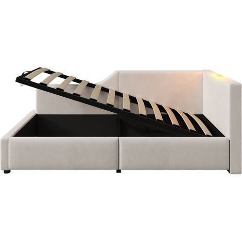 Lit banquette 90x190 cm en velours beige avec rangement hydraulique, lampe LED et USB-C MODENUIT (1/5)