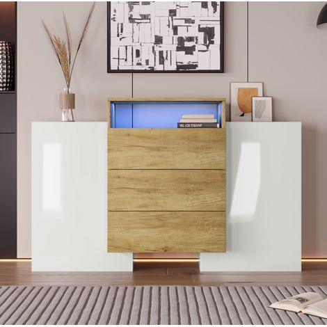 Madia 140 cm in MDF bianco lucido e colore legno con LED multicolore DESVIAE (1/5)