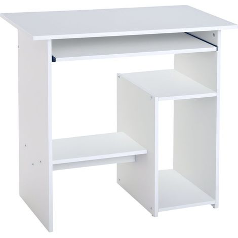 Desk space-saving for the home and the desk, desk of computer modern, bracket for PC, shelf for unit center and tray sliding in wood for keyboard, 80 x 45 x 75 cm, white (1/5)