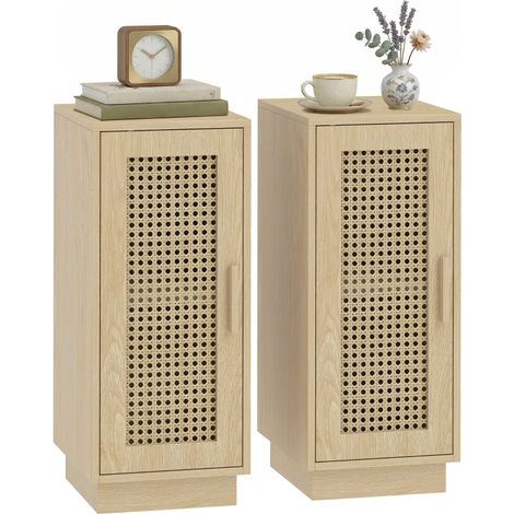 Lot de 2 Tables de Chevet, Étagère Réglable et Porte en Résine Tressée, Style Bohème, 25 x 30 x 60 cm, Bois Naturel (1/5)