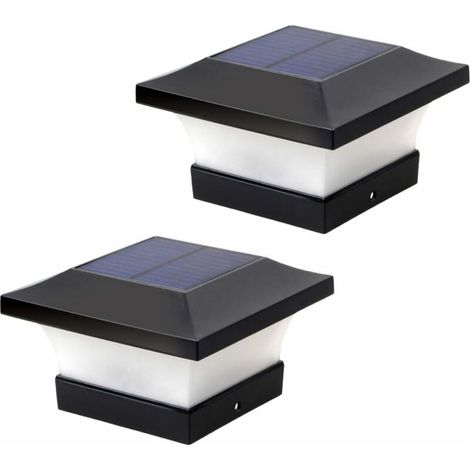 Lot de 2 lampes solaires pour poteau d'extérieur pour éclairage de pont de clôture, éclairage solaire LED haute luminosité 6000 K blanc pour poteaux 4 x 4, 5 x 5 ou 6 x 6 (1/5)