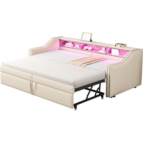 CAIziCanapé-lit extensible 90/180x200 cm beige, LED, USB, rangement, 2 matelas (1/5)