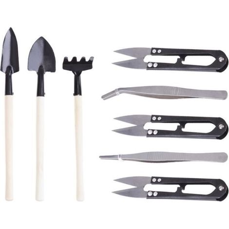 Ensemble de 8 outils à main pour bonsaï - Noir et gris - Idéal pour desserrer le sol et tailler rapidement (1/4)