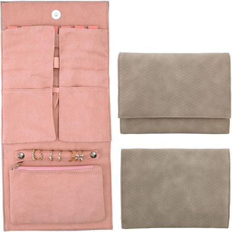 Boîte À Bijoux - Organisateur En Cuir Et Daim 20,5 X 15 X 2 Cm - Pour Bagues Colliers Boucles Doreilles - Gris (1/5)
