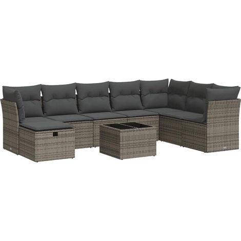 Gartentisch -  9-tlg. Garten-Sofagarnitur mit Kissen Grau Poly Rattan (1/5)