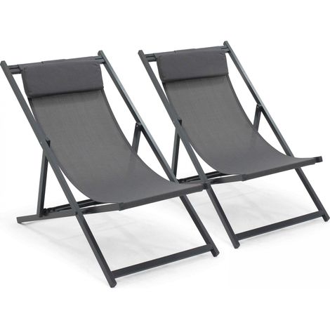 Oviala – Lot de 2 chiliennes pliantes en aluminium – Assise en textilène souple – Structure légère et résistante aux intempéries – Plusieurs positions réglables