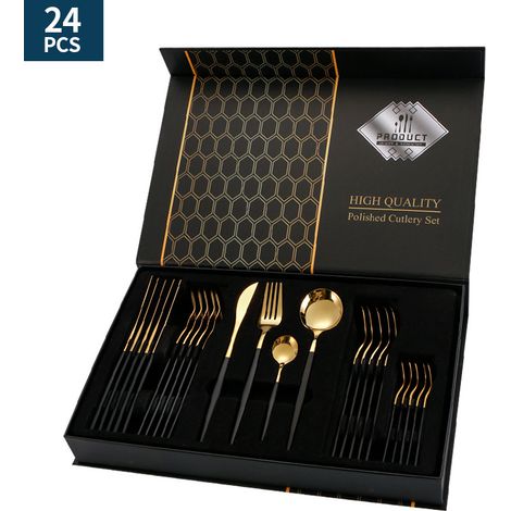 Lntyq Vergoldetes Edelstahl-Besteckset, 24-teiliges Messer-Gabel-Löffel-Set, Geschirr-Geschenkbox (schwarz) (1/5)