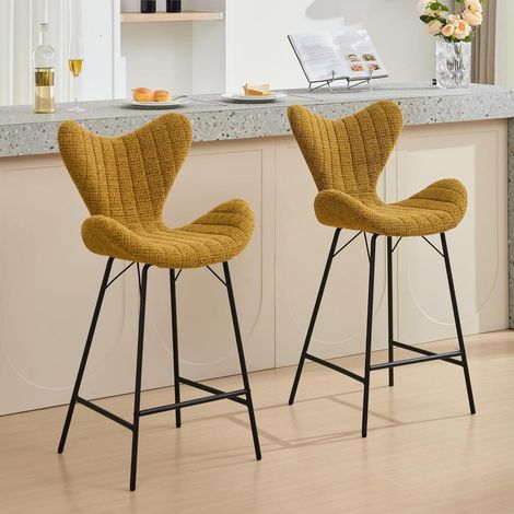 Barhocker 2er Set, Chenille Küchenhocker mit Metallbeinen, Gelb (1/5)