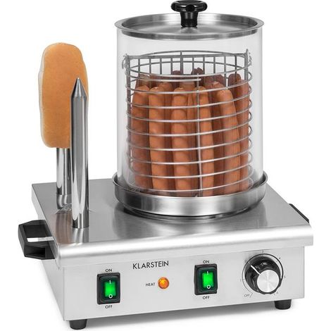 Klarstein Wurstfabrik Pro 550 Hot Dog Maker, 550 Watt, 2 Heizspieße, Temperaturregler 30 - 100 °C, Glaszylinder: Ø 20 cm, Edelstahlkäfig: Ø 17 cm, Edelstahlgehäuse,Profi Würstchenkocher, silber