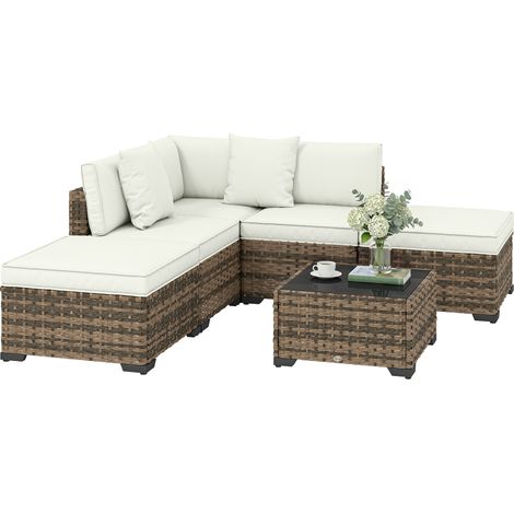 Canapé d'angle 5 places résine tressée pour jardin, avec table basse, poufs et coussins crème, ensemble mobilier extérieur