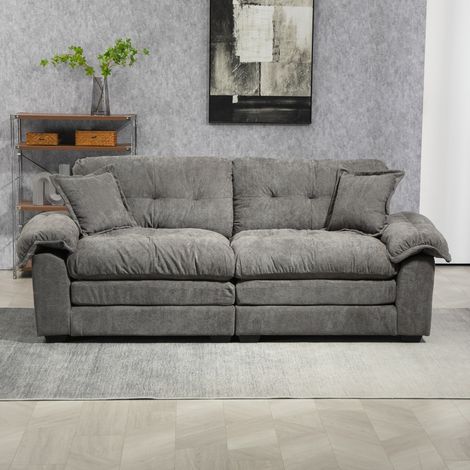 Divano 2 posti in ciniglia grigio, seduta profonda, cuscini a doppio strato, 214 cm, OKWISH (1/5)