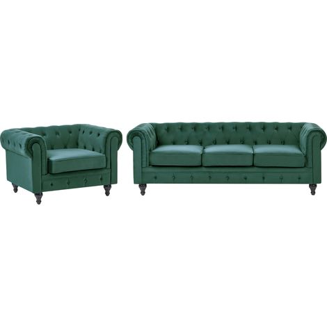 Conjunto de sofás Chesterfield tapizado en terciopelo verde patas de madera oscura sofá 3 plazas + sillón estilo clásico Chesterfield
