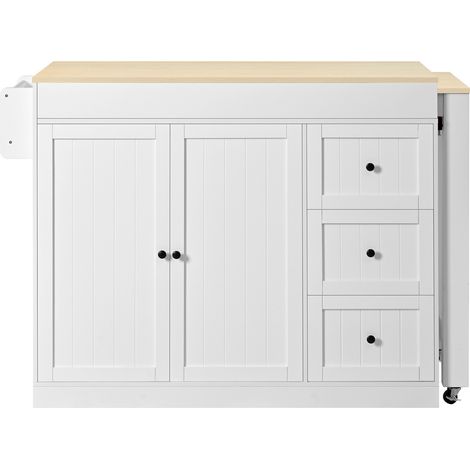 Îlot de cuisine mobile avec plateau extensible, étagère à épices et tiroirs, finition blanche, pour cuisine et salle à manger (1/5)