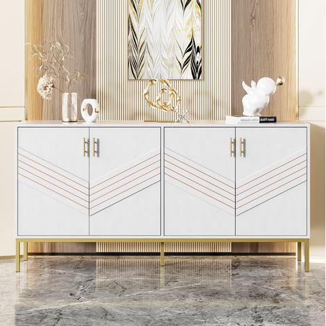 Credenza 4 ante 160 x 40 x 80,5 cm in MDF bianco e legno con piedini e maniglie dorati HAVRYA (1/5)