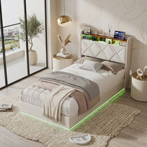 Lit Simple 90x200 cm, Lit Coffre avec LED, Lit Capitonné Hydraulique avec USB et Type-C, Sommier à Lattes, Lit 1 Personnes avec Rangement, Beige (1/5)