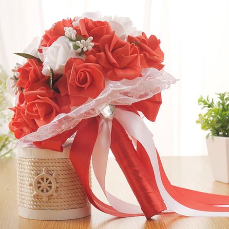 Bouquet De Roses Artificielles - Faux Fleurs En Soie Avec Strass - Décoration Mariage Bureau Maison - 25 x 20 cm - Rouge (1/5)