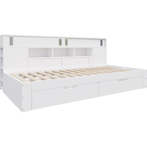 Lit de jour 140x200 cm avec rangement, MDF blanc, 2 tiroirs, sans matelas, HOMVRA (1/5)